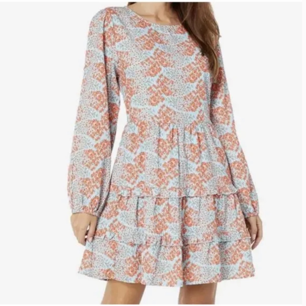 Roller Rabbit Dening Nori Ruffled Dress Tiered Floral Blue & Orange Medium